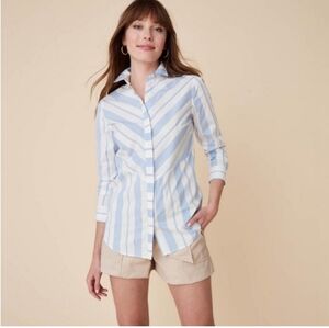Untuckit Women's Blue Stripe Poplin Popover Blouse Nautical Beach Summer Top